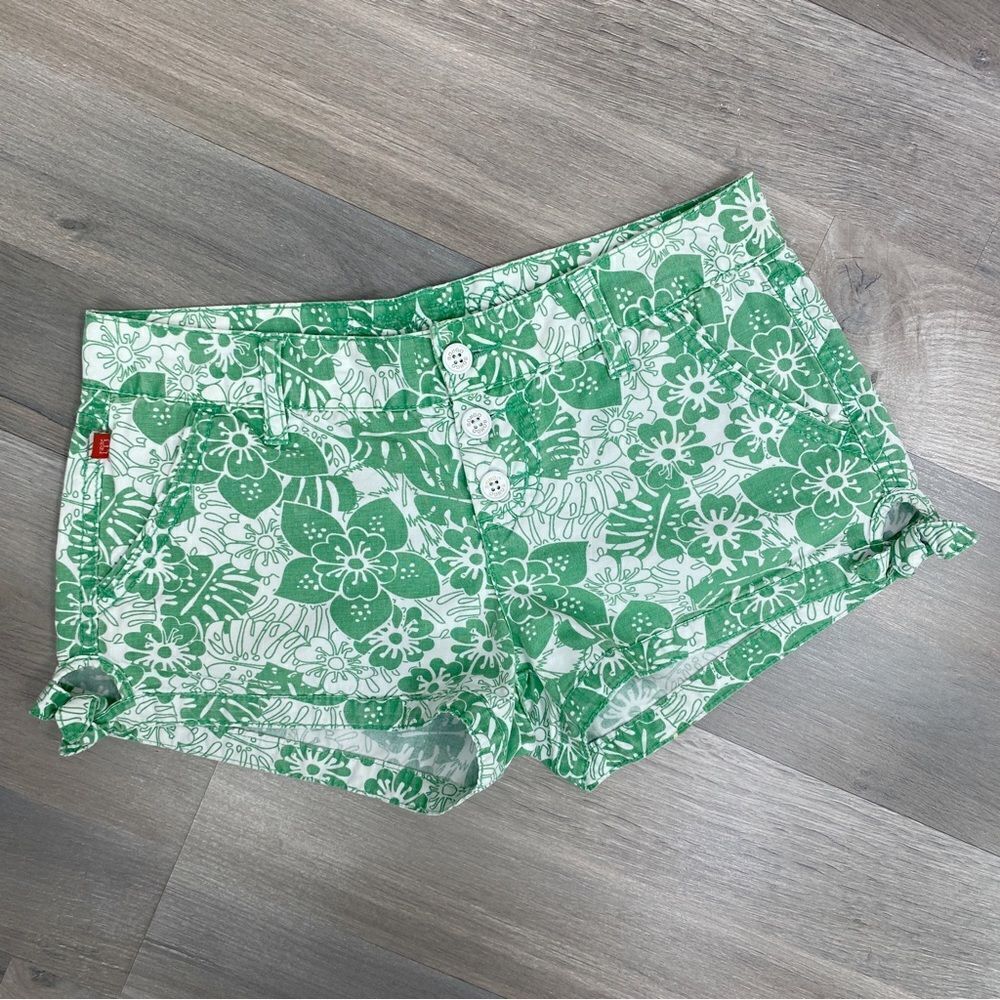 Bongo Tropical Print Button Fly Chino Shorts Green White Juniors 5